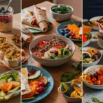 Various vegan meal prep recipes laid out in a vibrant kitchen scene.