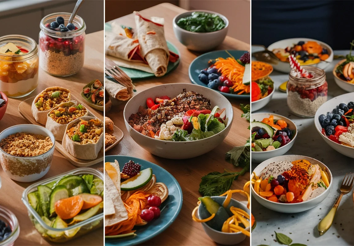 Various vegan meal prep recipes laid out in a vibrant kitchen scene.