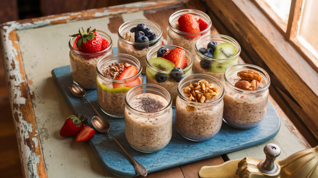 Jars of overnight oats with various fruit and nut toppings on a wooden table