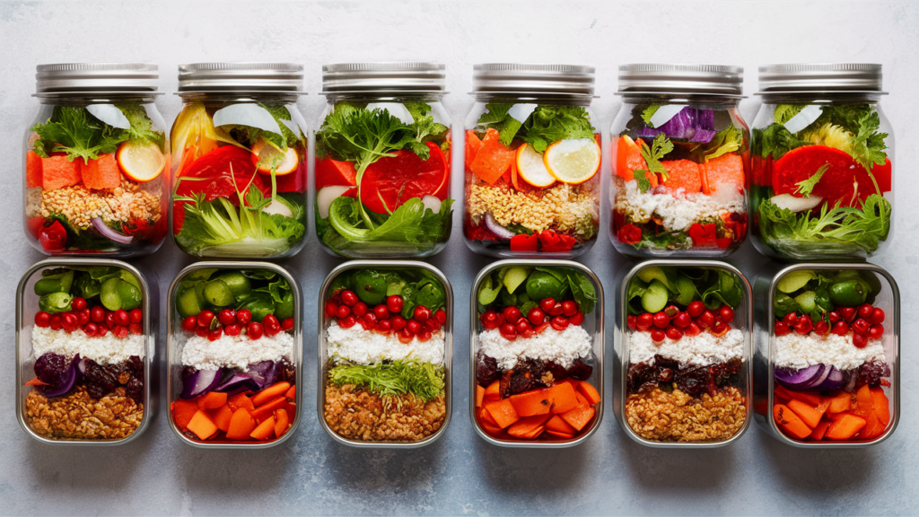 Assorted salad jars and grain bowls with fresh vegetables and grains