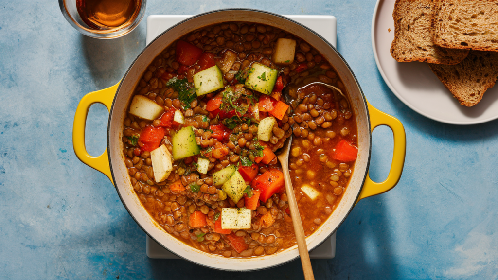 Lentil stew with vegetables simmering on a stovetop, served with whole grain bread.